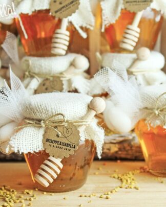 Vasetti di Miele 250 gr Coprivasetto in Juta Spago Tag in Carta Kraft e Spargimiele, Stile Country - Idea Bomboniera per Matrimonio