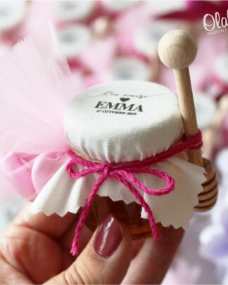 Vasetti di Miele 40gr Coprivasetto Personalizzato con Stampa e Spargimiele - Idea Bomboniera per Battesimo