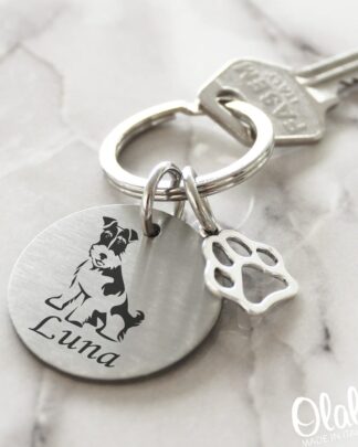 Portachiavi Tondo in Acciaio Personalizzato con Nome, Frase, Silhouette Cane e Ciondolo Zampina