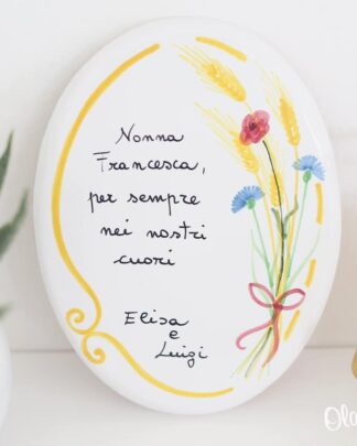 Targhetta Commemorativa in Ceramica Personalizzata con Dedica, Fiori e Spighe di Grano - Decorazione per Ricordare i Propri Cari