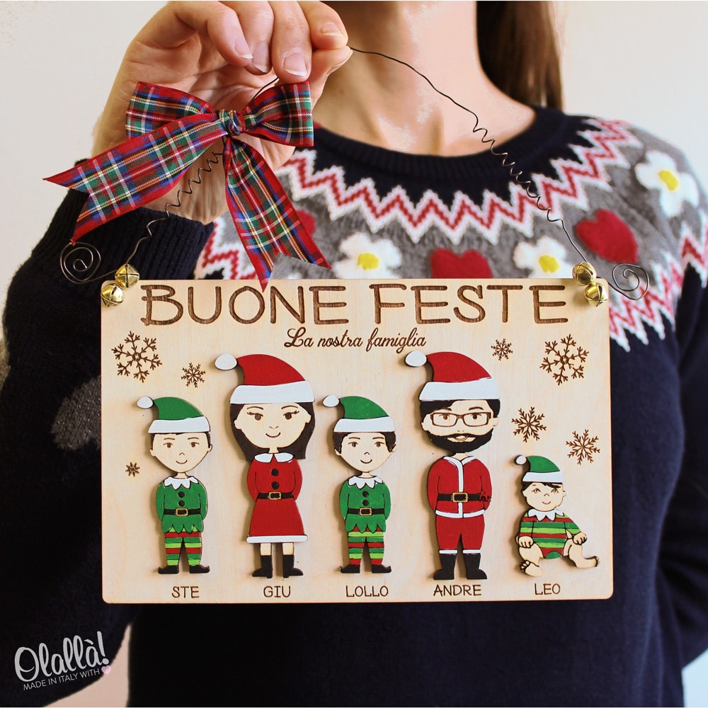 Targhetta in Legno Personalizzata con Vostro Ritratto di Famiglia "Mini-me" a Tema Natale - Idea Addobbo Casa - immagine 4