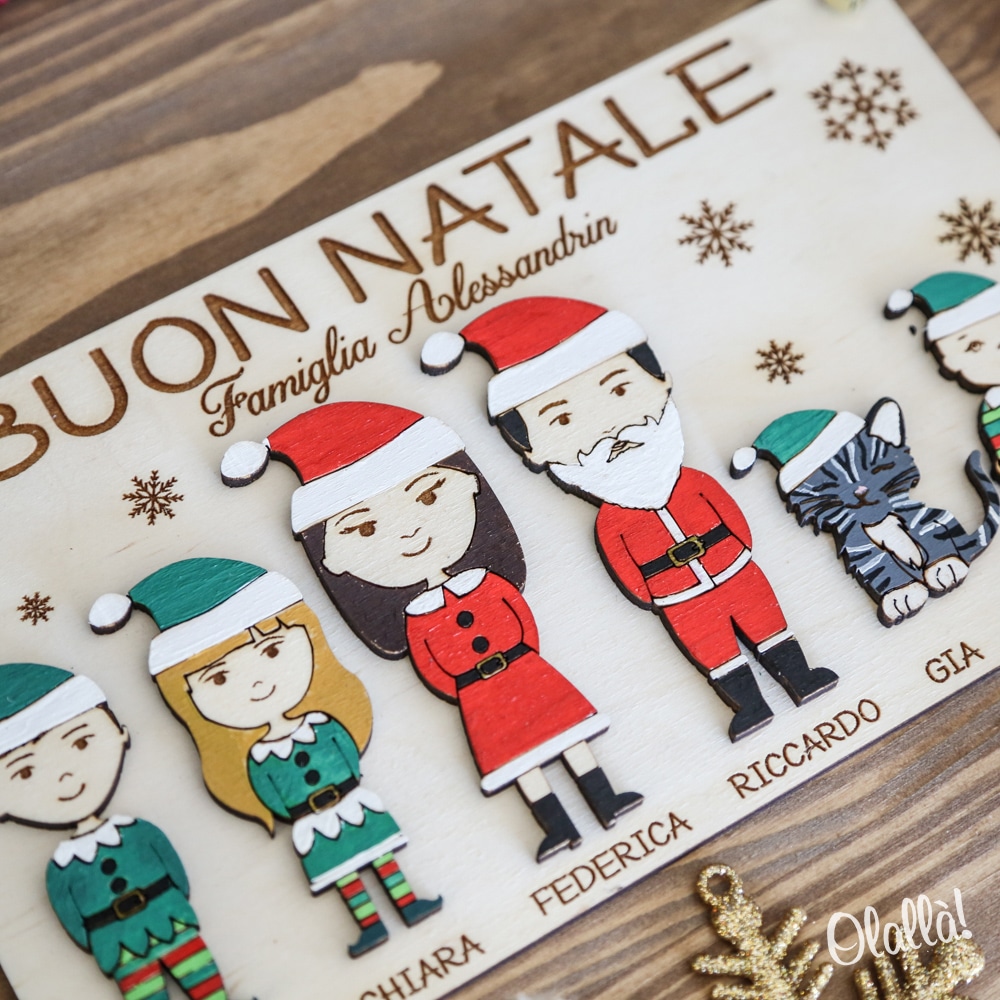 Targhetta in Legno Personalizzata con Vostro Ritratto di Famiglia "Mini-me" a Tema Natale - Idea Addobbo Casa - immagine 2