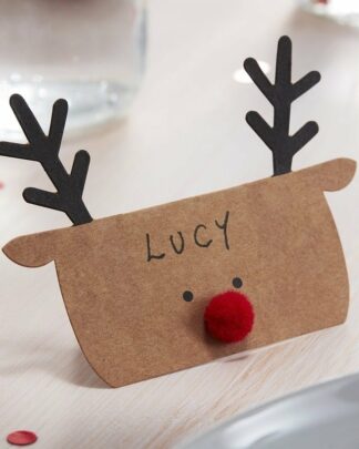 Set da Dieci Segnaposto in Carta Kraft con Decorazione Renna di Natale