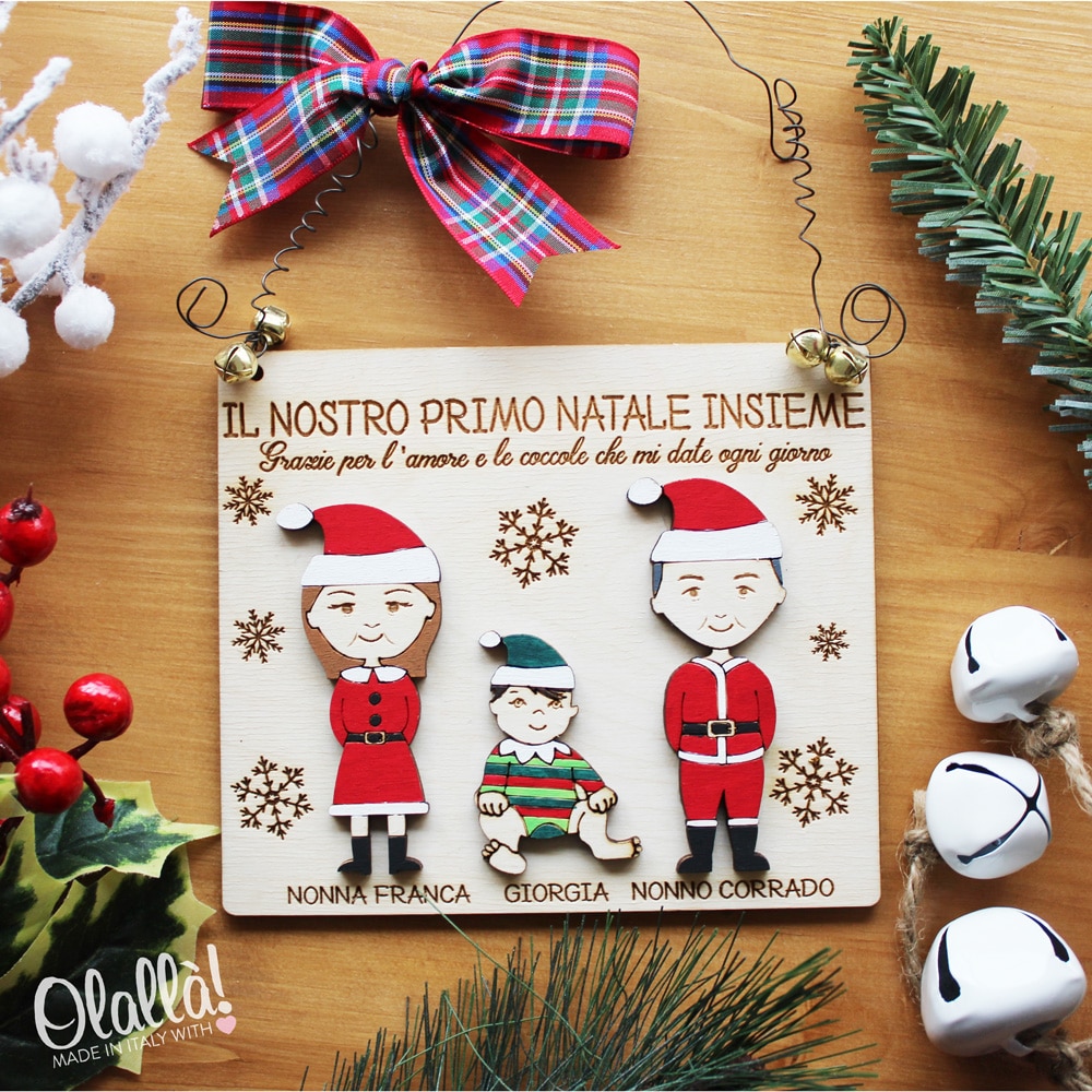 Targhetta in Legno Personalizzata con Vostro Ritratto "Mini-me" con Nonni a Tema Natale - Idea Regalo Nonni