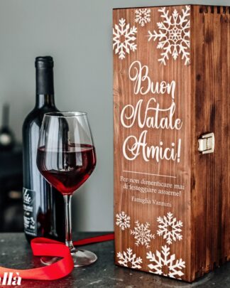Cassettina Porta Vino in Legno Personalizzata con Dedica e Fiocchi di Neve - Idea Regalo di Natale