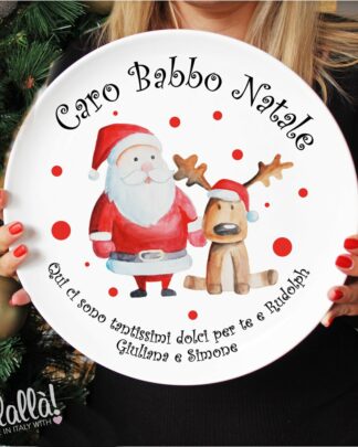 Piatto in Ceramica Personalizzato "Caro Babbo Natale" con Dedica, Babbo Natale e Renna - Idea Regalo per Natale