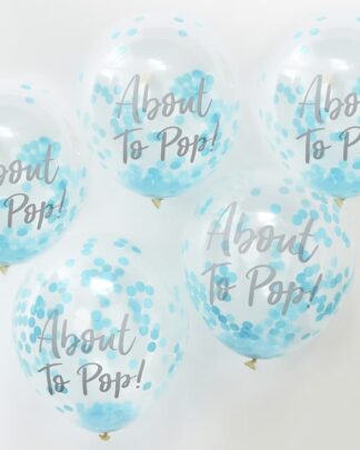 Set di 5 Palloncini "About to Pop!" con Coriandoli Rosa o Azzurri - Idea Decorazione Baby Shower
