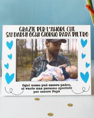 Cornice in Legno Personalizzata con Dedica e Cuori Blu - Idea Regalo Festa Papà