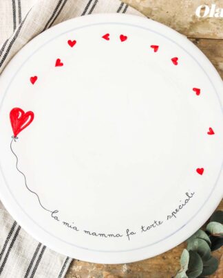 Piatto da Torta Personalizzata con Frase a Scelta in Ceramica Dipinta a Mano con Cuoricini