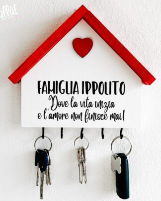 Casetta Appendichiavi in Legno Personalizzata con Nome della Famiglia e Frase