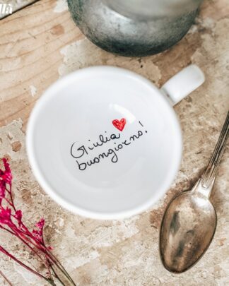 Tazzina da Caffè con Messaggio segreto "Buongiorno ..." con Nome e Cuoricino - Idea Regalo per Amiche