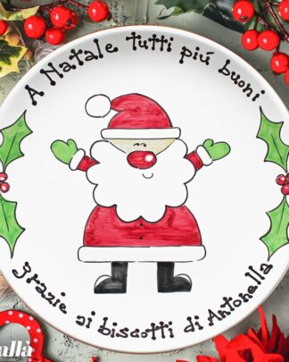 Piatto in Ceramica Dipinto a Mano Personalizzato con le Tue Parole e Babbo Natale - Regalo Natale