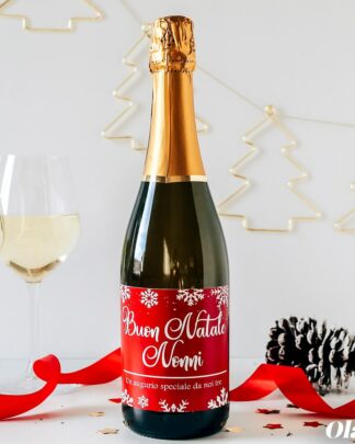 Bottiglia Personalizzata "Buon Natale" con Etichetta Rossa con Fiocchi di Neve - Idea Regalo Natale