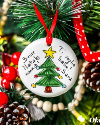 Pallina di Natale in Ceramica Dipinta a mano con Alberello e Frase Personalizzabile