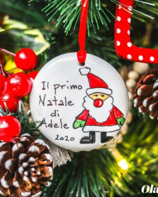 Pallina di Natale in Ceramica Dipinta a mano con Babbo Natale e Frase Personalizzabile