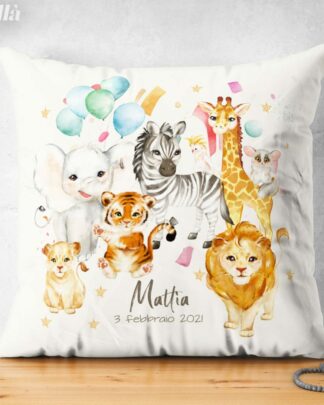 Cuscino Personalizzato con Animali della Savana per Nascita o Compleanno Bambino