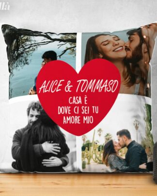 Cuscino con Cuore Rosso Personalizzato con Nomi, Dedica e Foto - Idea Regalo Anniversario, San Valentino