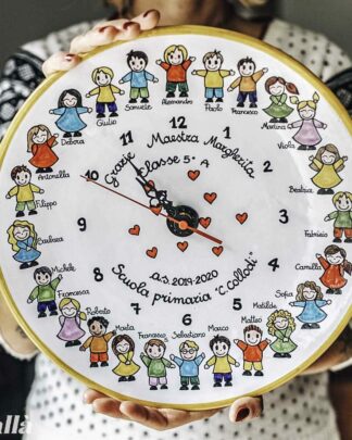 Orologio in Ceramica Dipinto a Mano con Ritratto Bimbi e Maestra - Idea Regalo Insegnante