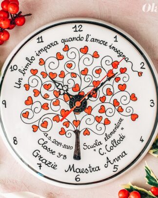 Orologio in Ceramica Dipinto a Mano con Albero con Cuori e Dedica - Idea Regalo Insegnante