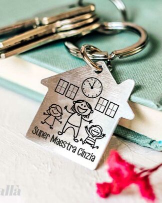 Portachiavi Scuola in Acciaio Personalizzato con Bambini e Maestra, Nome e Dedica