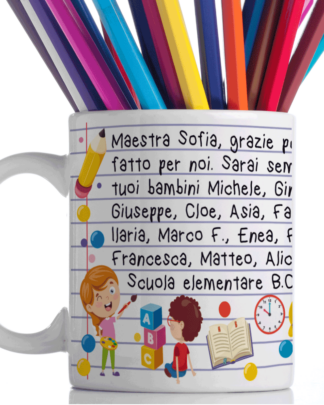 Tazza Personalizzata con Bambini, Decori Scuola e Dedica - Idea Regalo Maestra