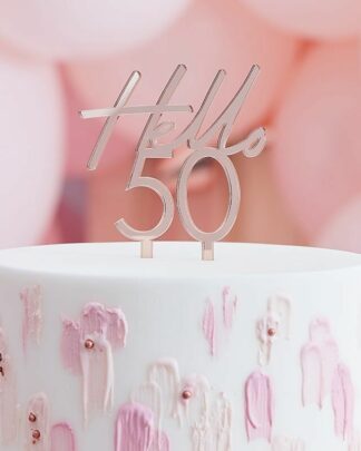 Cake Topper "Hello 50" in Oro Rosa - Decorazione Torta Compleanno 50 Anni