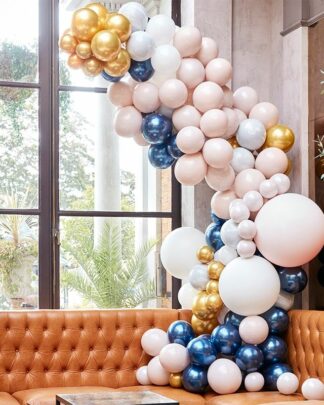 Arco di 200 Palloncini Colorati Blu, Rosa Chiaro e Oro Cromato - Decorazione Festa