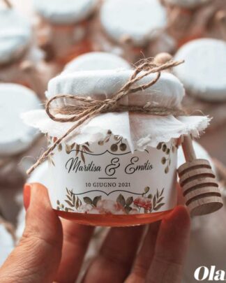 Vasetti di Miele 40 gr con Etichetta Floreale, Tessuto con Ricamo e Spago Idea Bomboniera Matrimonio