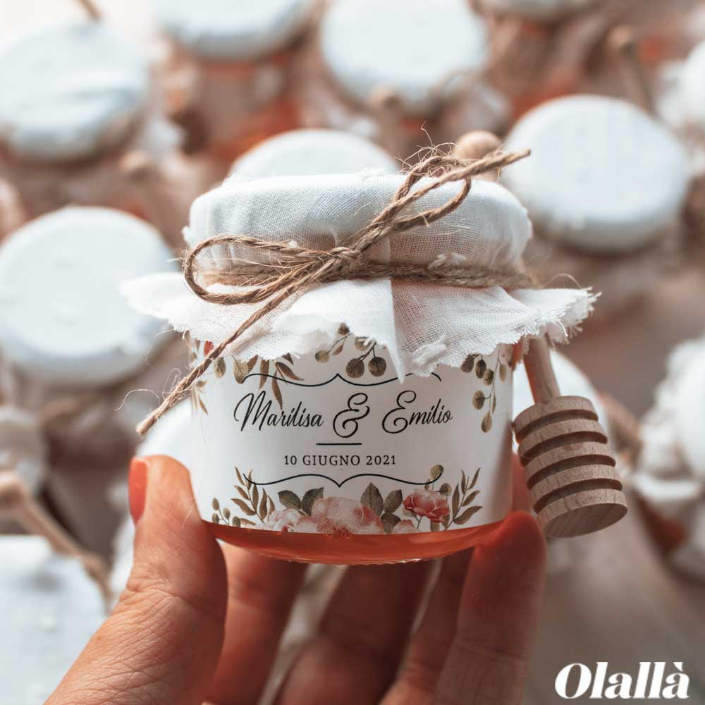 Vasetti di Miele 125 gr con Etichetta Floreale, Tessuto con Ricamo e Spago Idea Bomboniera Matrimonio - immagine 2