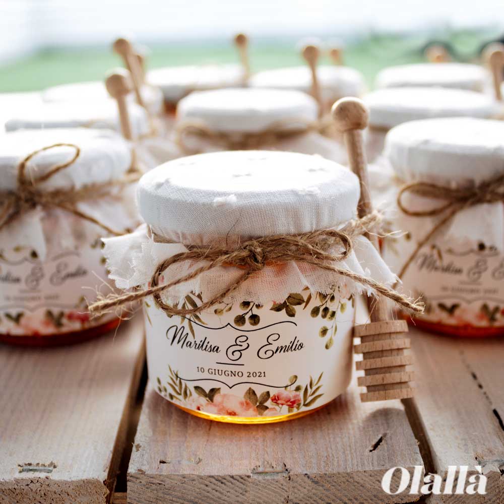 Vasetti di Miele 125 gr con Etichetta Floreale, Tessuto con Ricamo e Spago Idea Bomboniera Matrimonio - immagine 3