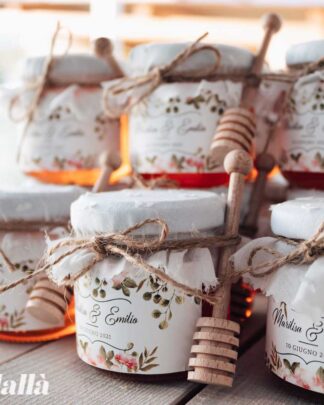 Vasetti di Miele 250 gr con Etichetta Floreale, Tessuto con Ricamo e Spago Idea Bomboniera Matrimonio