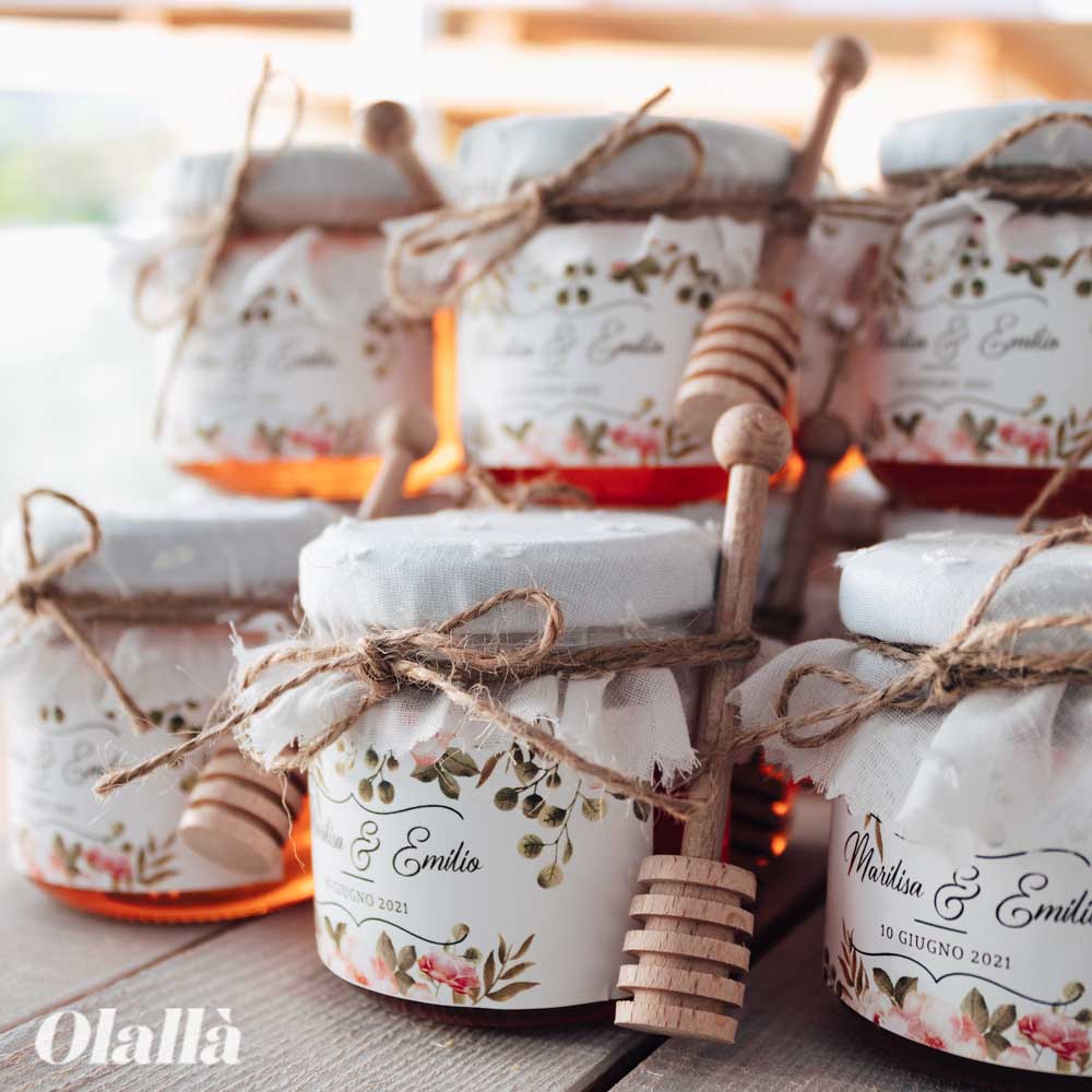 Vasetti di Miele 125 gr con Etichetta Floreale, Tessuto con Ricamo e Spago Idea Bomboniera Matrimonio - immagine 4