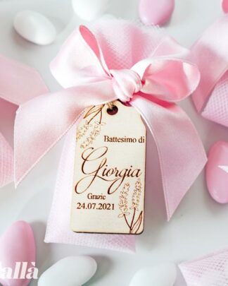 Sacchettino Portaconfetti in Tulle con Tag in Legno Personalizzata Tema Fiorellini