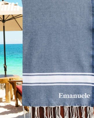 Telo Mare Fouta Blue Jeans con Riga 100 % Cotone Personalizzato con Stampa o Ricamo del Nome