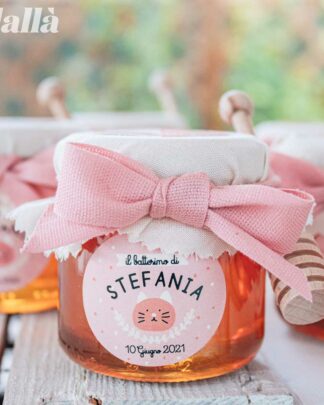 Vasetti di Miele 40 gr con Etichetta Rosa Personalizzata con Simpatici Animali Idea Bomboniera Battesimo