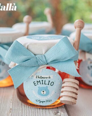 Vasetti di Miele 125 gr con Etichetta Azzurra Personalizzata con Simpatici Animali Idea Bomboniera Battesimo