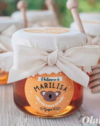 Vasetti di Miele 125 gr con Etichetta Gialla Personalizzata con Simpatici Animali Idea Bomboniera Battesimo