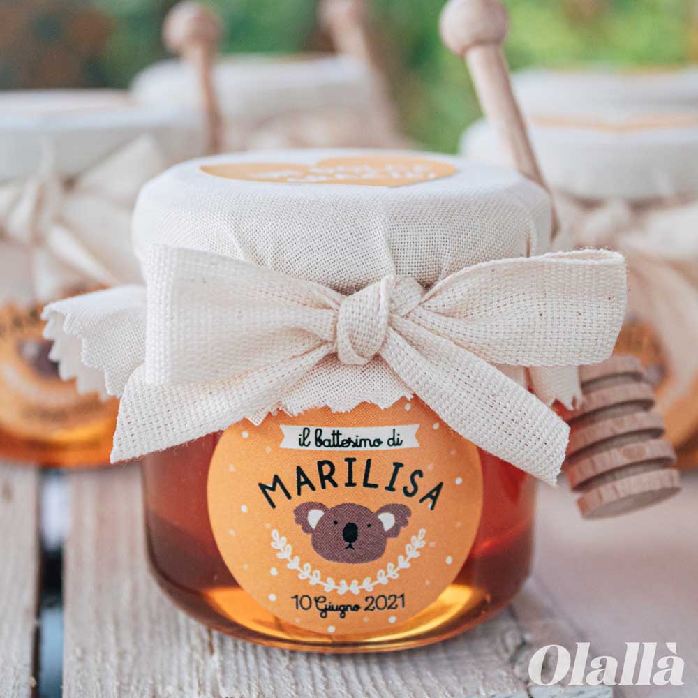 Vasetti di Miele 125 gr con Etichetta Gialla Personalizzata con Simpatici Animali Idea Bomboniera Battesimo