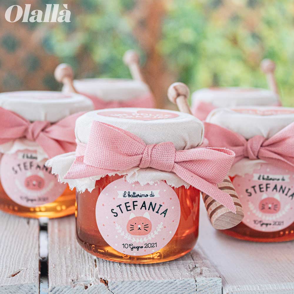Vasetti di Miele 40 gr con Etichetta Rosa Personalizzata con Simpatici Animali Idea Bomboniera Battesimo - immagine 2