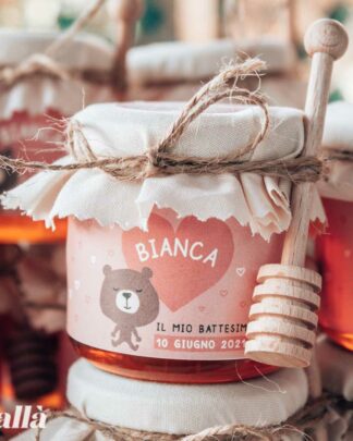 Vasetti di Miele 125 gr con Etichetta Rosa Personalizzata con Orsetto - Idea Bomboniera per Battesimo