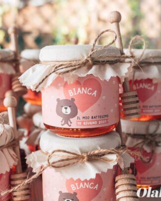 Vasetti di Miele 250 gr con Etichetta Rosa Personalizzata con Orsetto - Idea Bomboniera per Battesimo