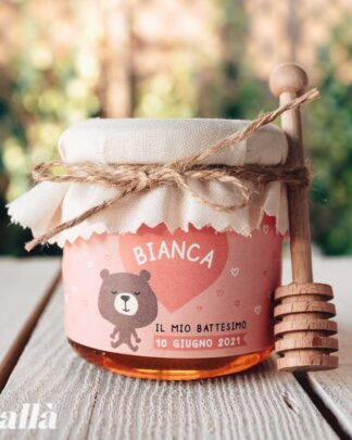 Vasetti di Miele 40 gr con Etichetta Rosa Personalizzata con Orsetto - Idea Bomboniera per Battesimo