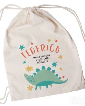 Sacca Scuola Personalizzata con Nome e Dinosauro con Stelline