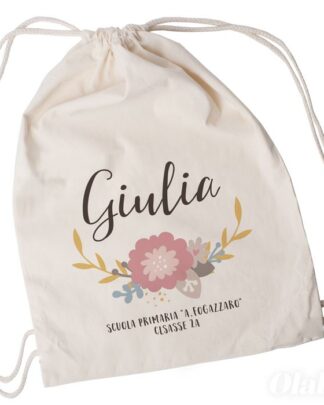 Sacca Scuola Personalizzata con Nome e Ghirlanda di Fiorellini