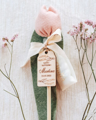 Tulipano in Tessuto Bomboniera con Tag in Legno Personalizzata con Fiorellini