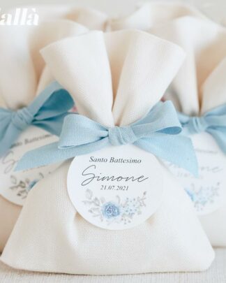 Sacchettini Portaconfetti in Cotone Bomboniera Battesimo Etichetta Fiorellini Azzurri