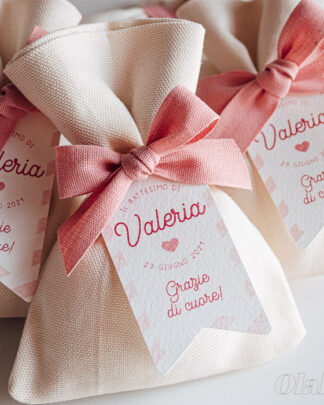 Sacchettino Portaconfetti in Cotone con Etichetta in Carta Personalizzato Righe Rosa