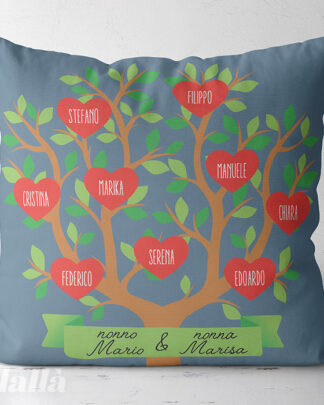 Cuscino Personalizzato con Albero della Vita Genealogico Azzurro con Cuori Rossi