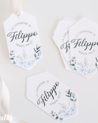 Tag per Bomboniere Personalizzati con Nome e Decoro Floreale Azzurro - Idea Decorazione Bomboniere per Comunione, Cresima