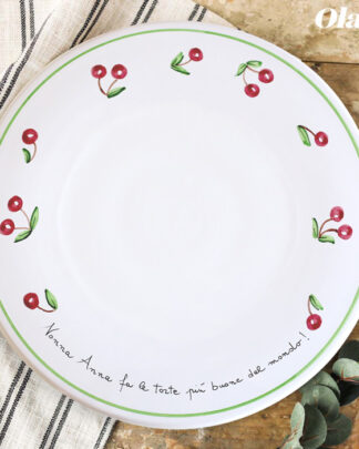 Piatto da Torta con Decoro Ciliegie Personalizzata con Frase a Scelta in Ceramica